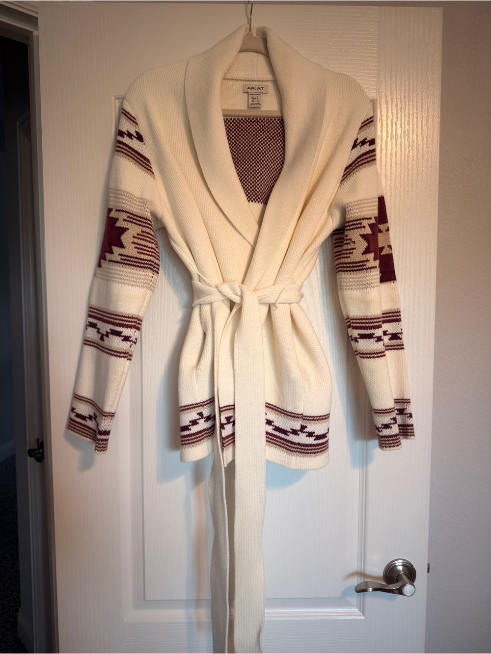Ariat Cream Cardigan with Burgundy Aztec Trim and Belt